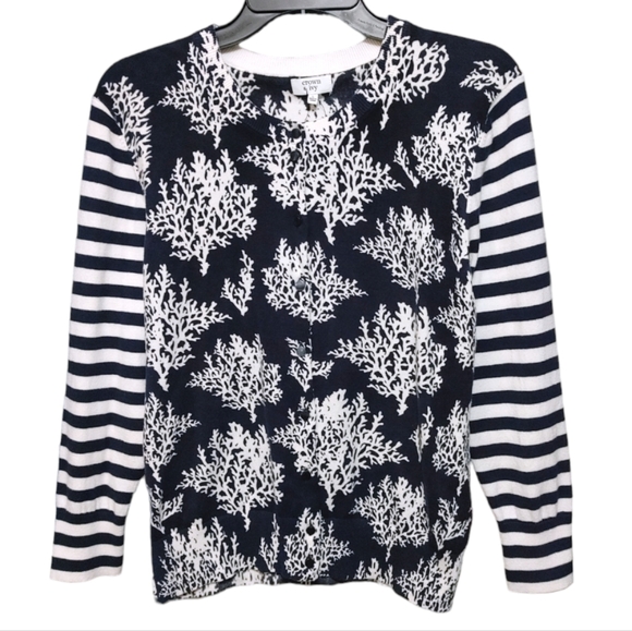 Crown & Ivy Navy Blue Coral Stripe Button Cardigan Sweater Women Size Large NWT - Picture 8 of 8